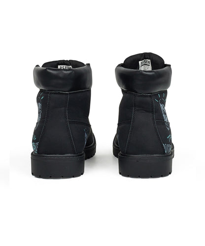 Reason Clothing Signature | Skull Flower Faux Suede Graffiti Print Boots - Black