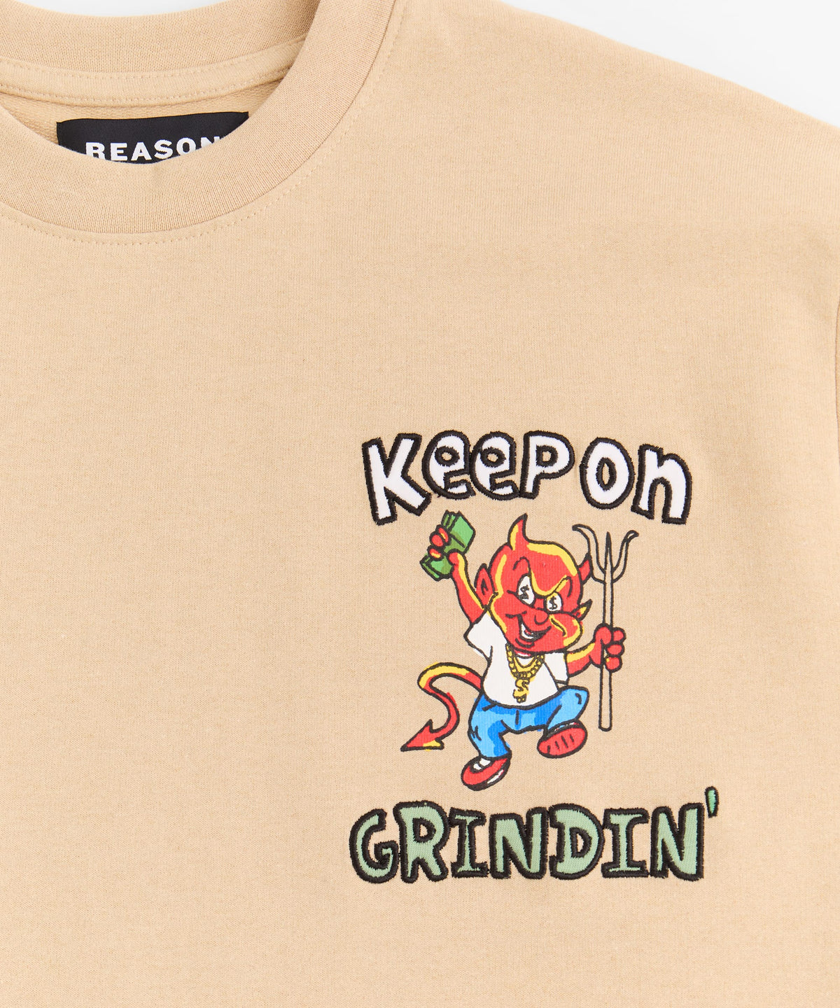 Reason Clothing Best Price | Keep On Grindin' Applique Short Sleeve Tee - Khaki