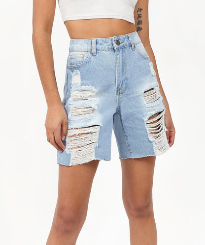 Reason Clothing Hot Sale | Sofia Women's Distressed High-Waist Denim Shorts - Blue