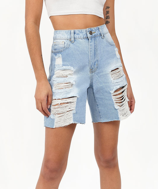 Reason Clothing Hot Sale | Sofia Women's Distressed High-Waist Denim Shorts - Blue