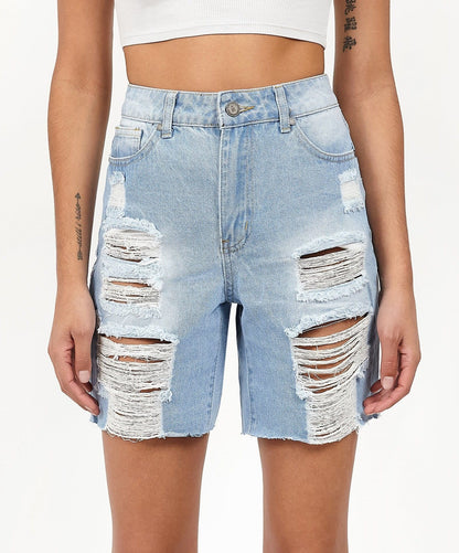 Reason Clothing Hot Sale | Sofia Women's Distressed High-Waist Denim Shorts - Blue