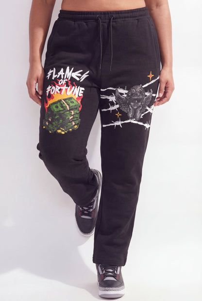 Reason Clothing Discount | Flames Of Fortune Women's Graphic Plus Size Sweatpants - Black