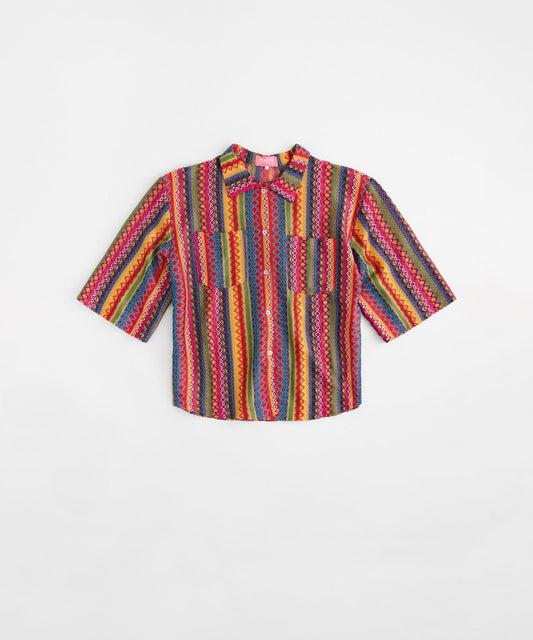 Reason Clothing Special Offer | Tribal Stripe Women Plus Size Textured Knit Short Sleeve Shirt - Multi