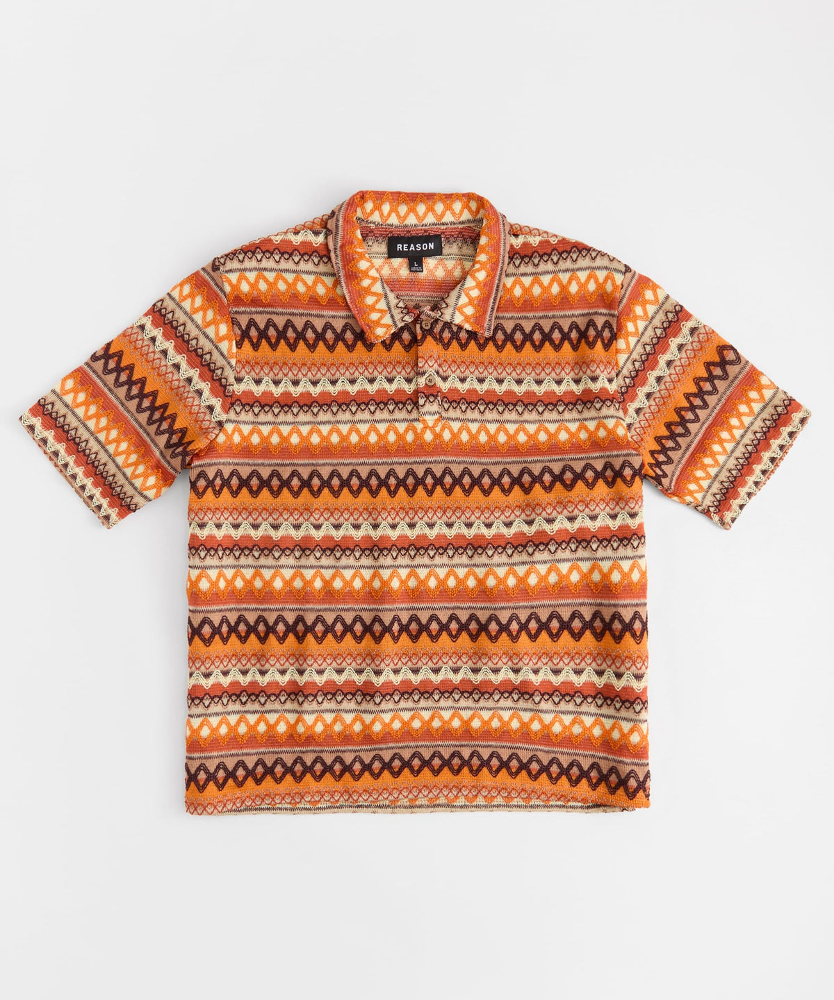 Reason Clothing Premium | Kids Retro Jacquard Button-Down Short Sleeve Polo Shirt - Brown
