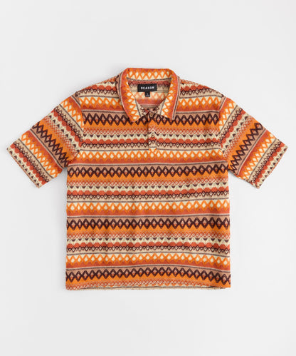 Reason Clothing Premium | Kids Retro Jacquard Button-Down Short Sleeve Polo Shirt - Brown