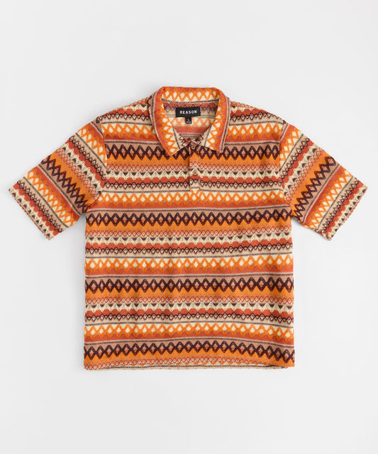 Reason Clothing Premium | Kids Retro Jacquard Button-Down Short Sleeve Polo Shirt - Brown