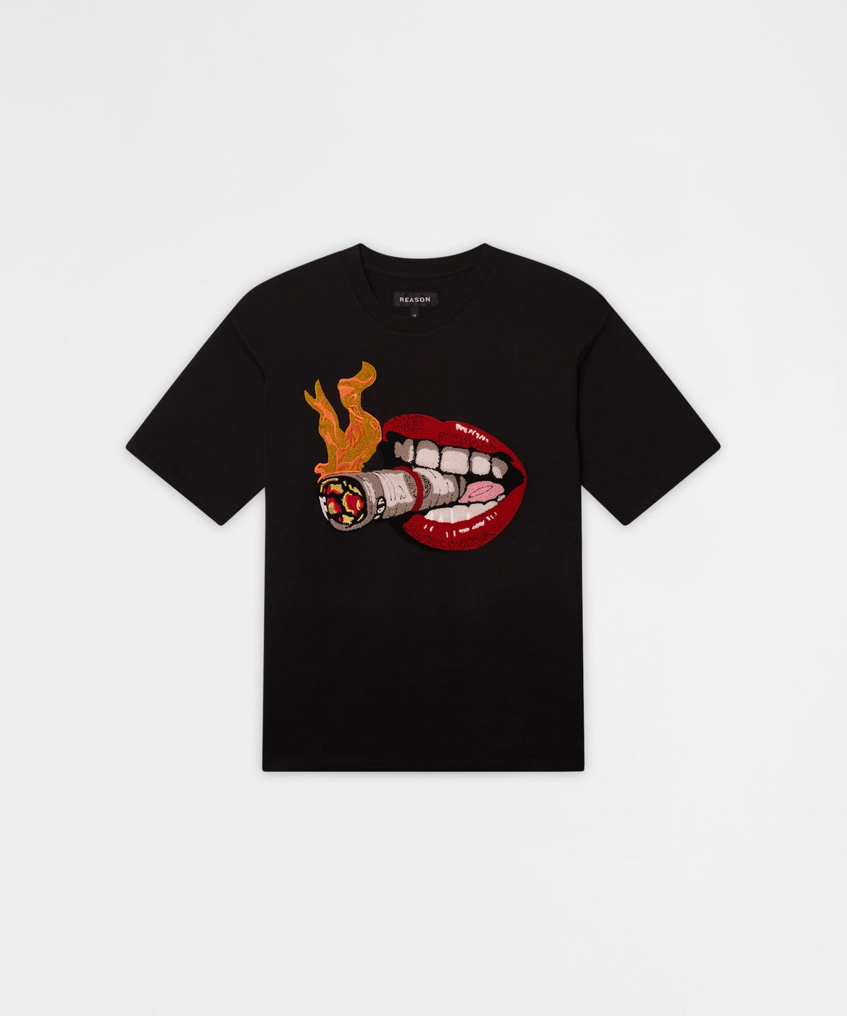 Reason Clothing Sale | Burning Smoke Chenille Embroidered Short Sleeve Tee - Black