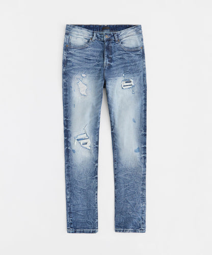 Reason Clothing Special Offer | Wrinkled Wash Distressed Skinny Jeans - Medium Blue