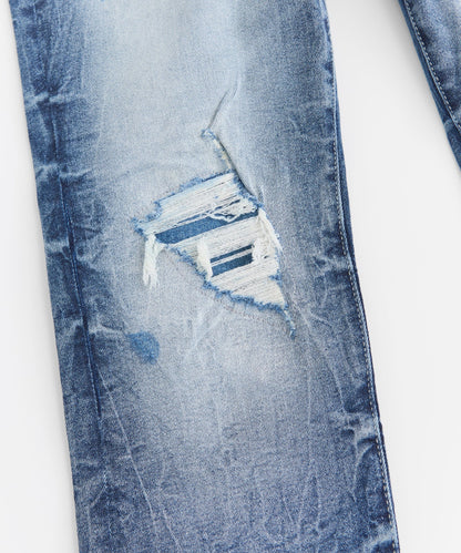 Reason Clothing Special Offer | Wrinkled Wash Distressed Skinny Jeans - Medium Blue