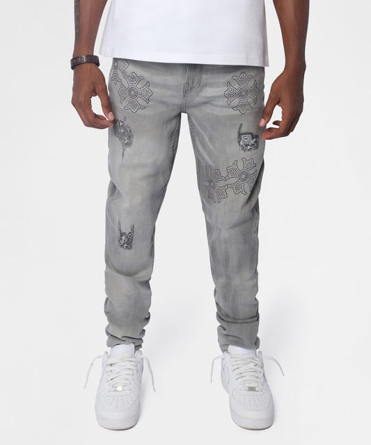 Reason Clothing Essential | Floral Rhinestone Distressed Skinny Jeans - Grey