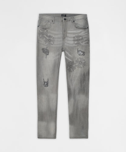 Reason Clothing Essential | Floral Rhinestone Distressed Skinny Jeans - Grey