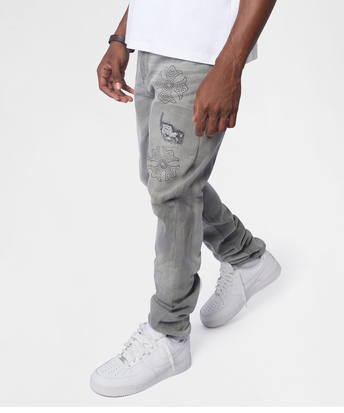 Reason Clothing Essential | Floral Rhinestone Distressed Skinny Jeans - Grey