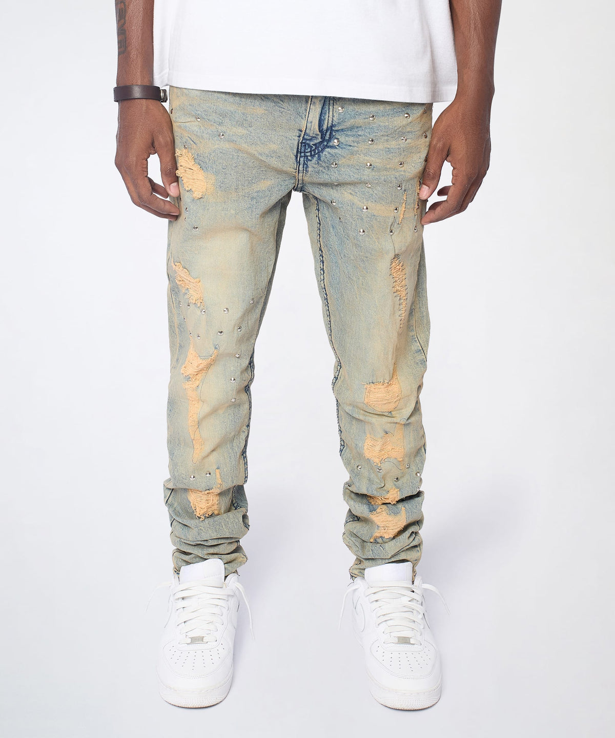 Reason Clothing Special Offer | Ladder Distressed Studded Skinny Jean - Blue