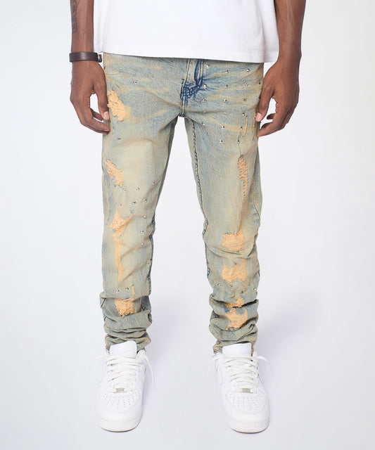 Reason Clothing Special Offer | Ladder Distressed Studded Skinny Jean - Blue