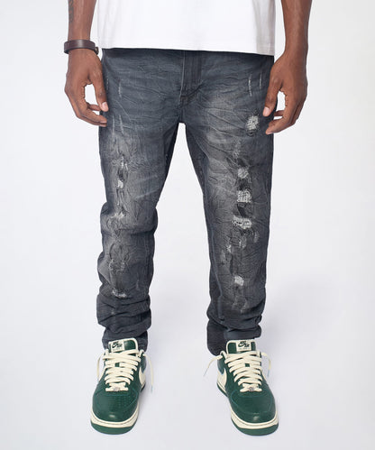 Reason Clothing Discount | Crinkle Wash Distressed Skinny Jeans - Black