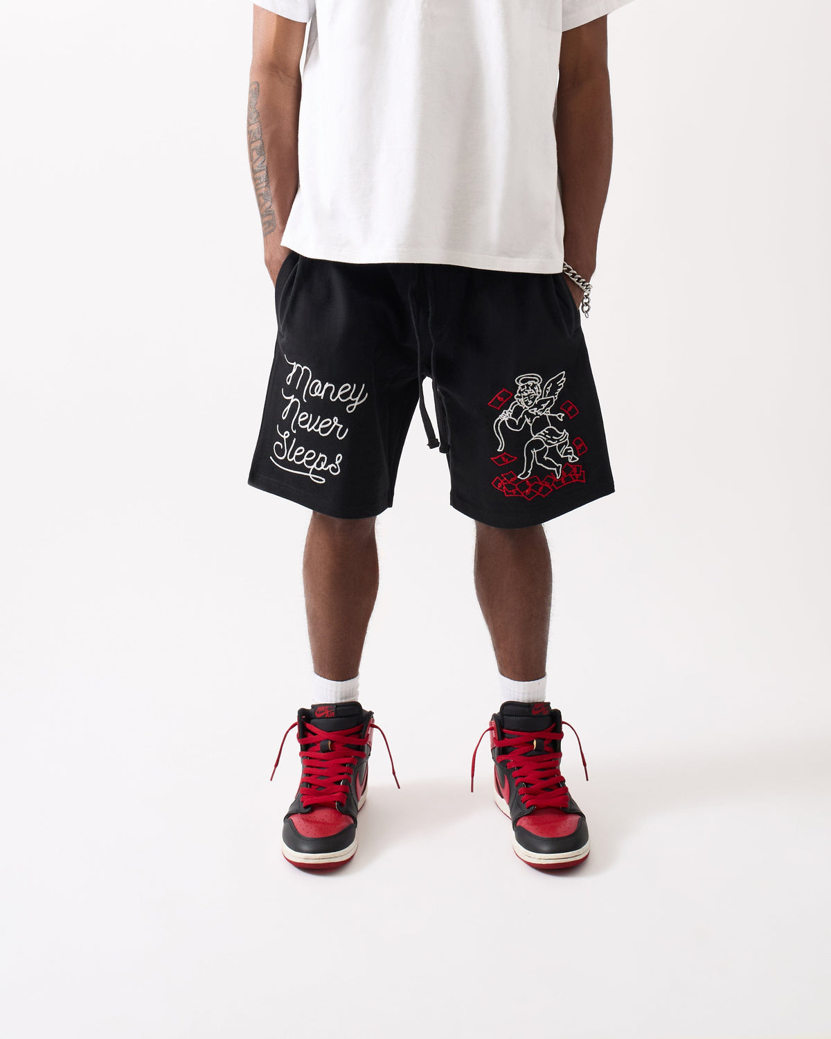 Reason Clothing Sale | Plus Size Paper Chaser Embroidery Shorts - Black