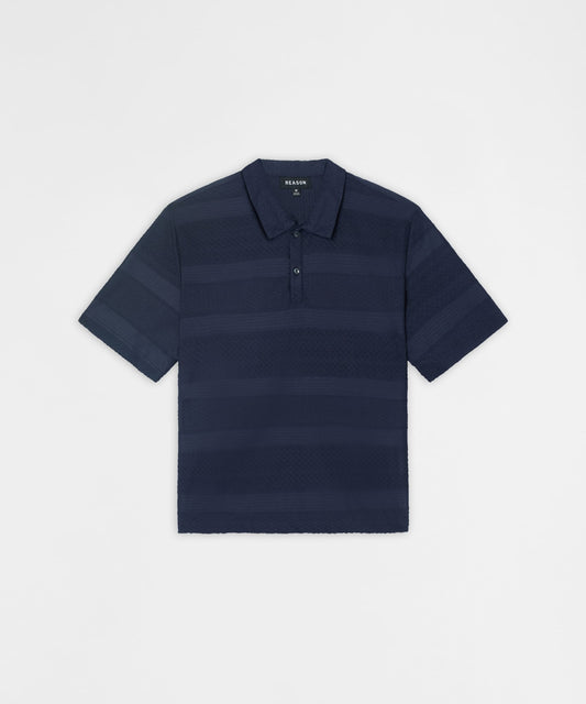 Reason Clothing Essential | Vertical Jacquard Knit Short Sleeve Polo Shirt - Navy