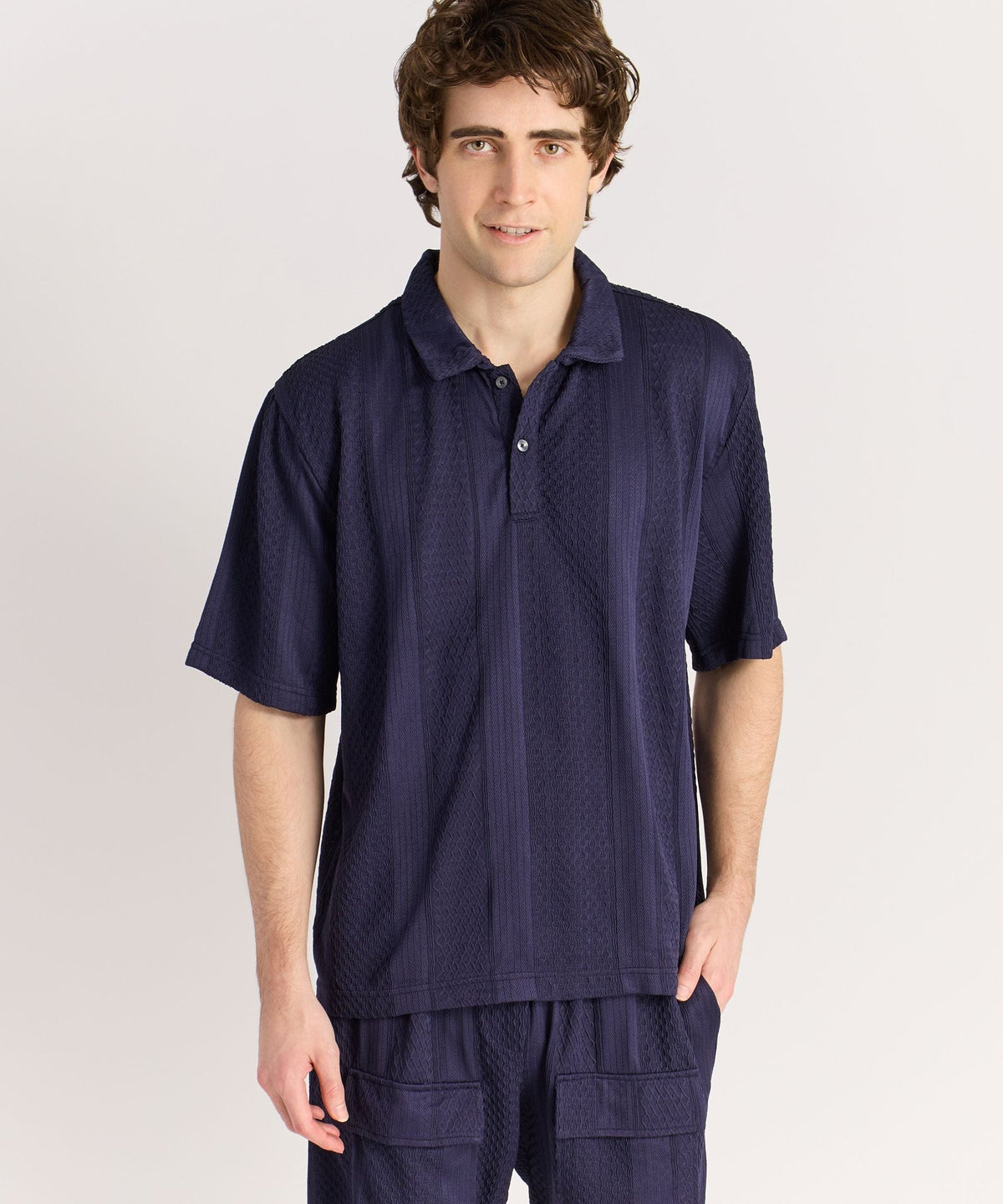 Reason Clothing Essential | Vertical Jacquard Knit Short Sleeve Polo Shirt - Navy