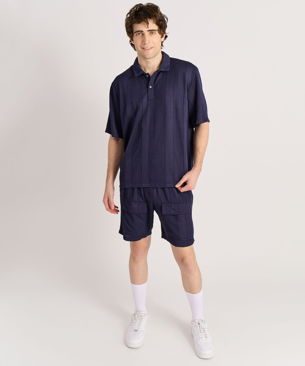 Reason Clothing Essential | Vertical Jacquard Knit Short Sleeve Polo Shirt - Navy