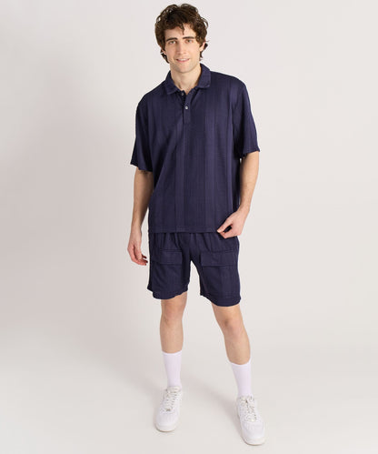 Reason Clothing Essential | Vertical Jacquard Knit Short Sleeve Polo Shirt - Navy