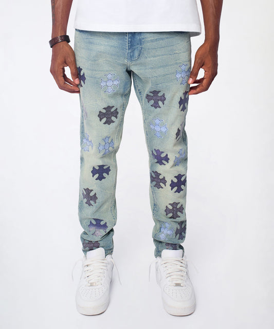Reason Clothing Signature | Gothic Cross Denim Pants - Light Blue