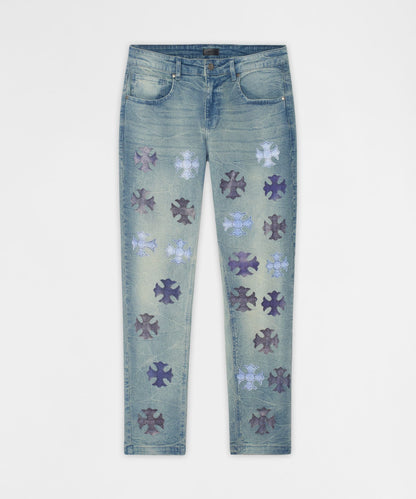Reason Clothing Signature | Gothic Cross Denim Pants - Light Blue
