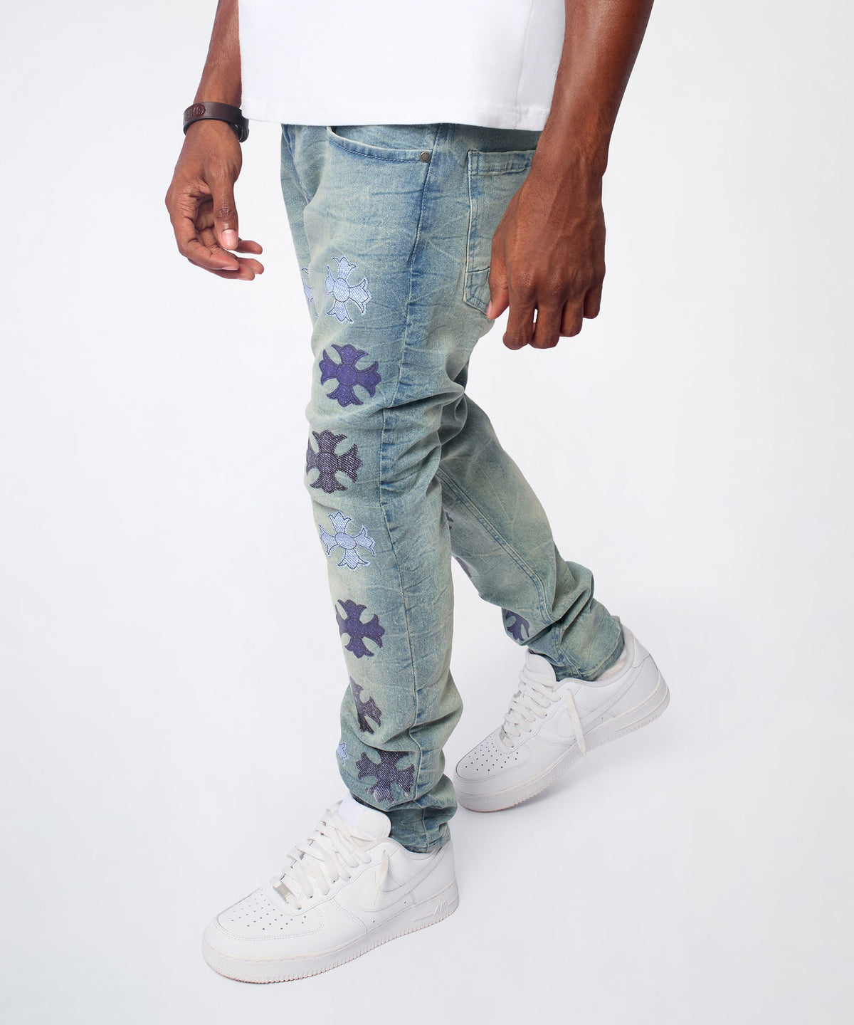 Reason Clothing Signature | Gothic Cross Denim Pants - Light Blue