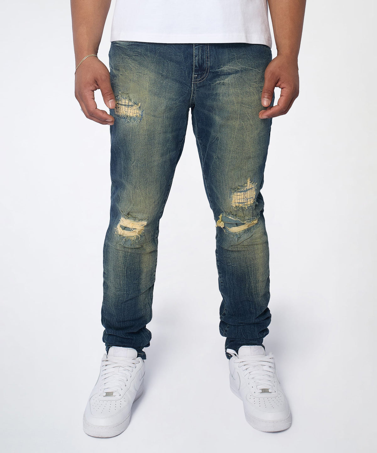 Reason Clothing Featured | Men's Skinny Ripped Denim Pant - Medium Blue