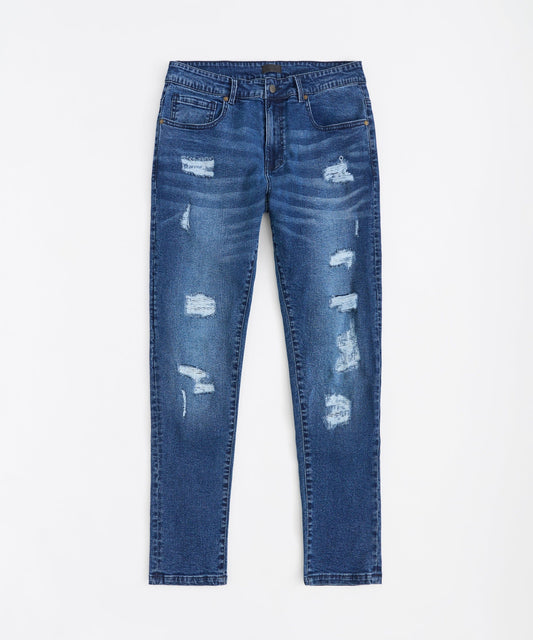 Reason Clothing Latest | Classic Distressed Skinny Jeans - Medium Blue