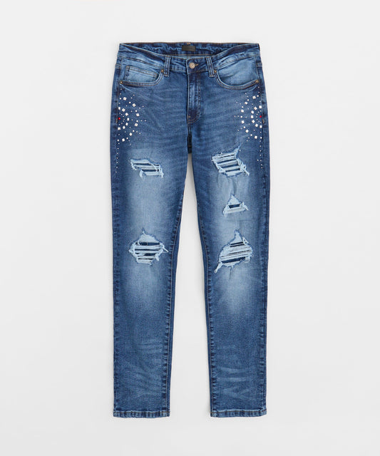 Reason Clothing Featured | Plus Size Starburst Studded Skinny Jeans - Blue