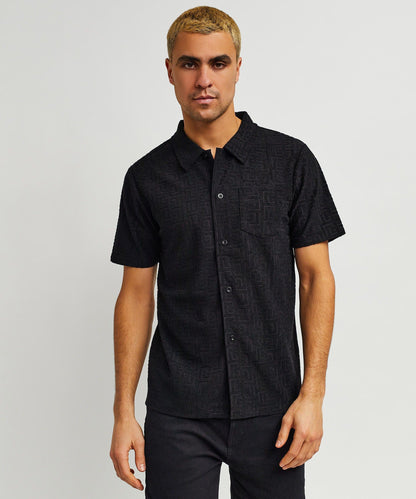 Reason Clothing Discount | Geometric Viscose Button-Down Short Sleeve Shirt - Black