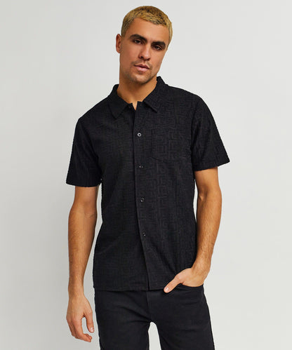 Reason Clothing Discount | Geometric Viscose Button-Down Short Sleeve Shirt - Black