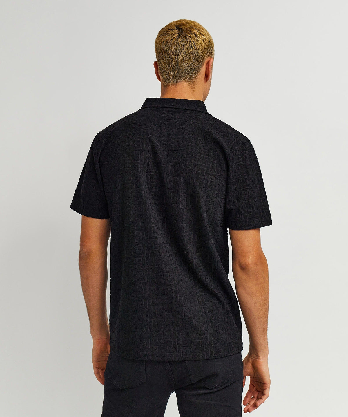 Reason Clothing Discount | Geometric Viscose Button-Down Short Sleeve Shirt - Black