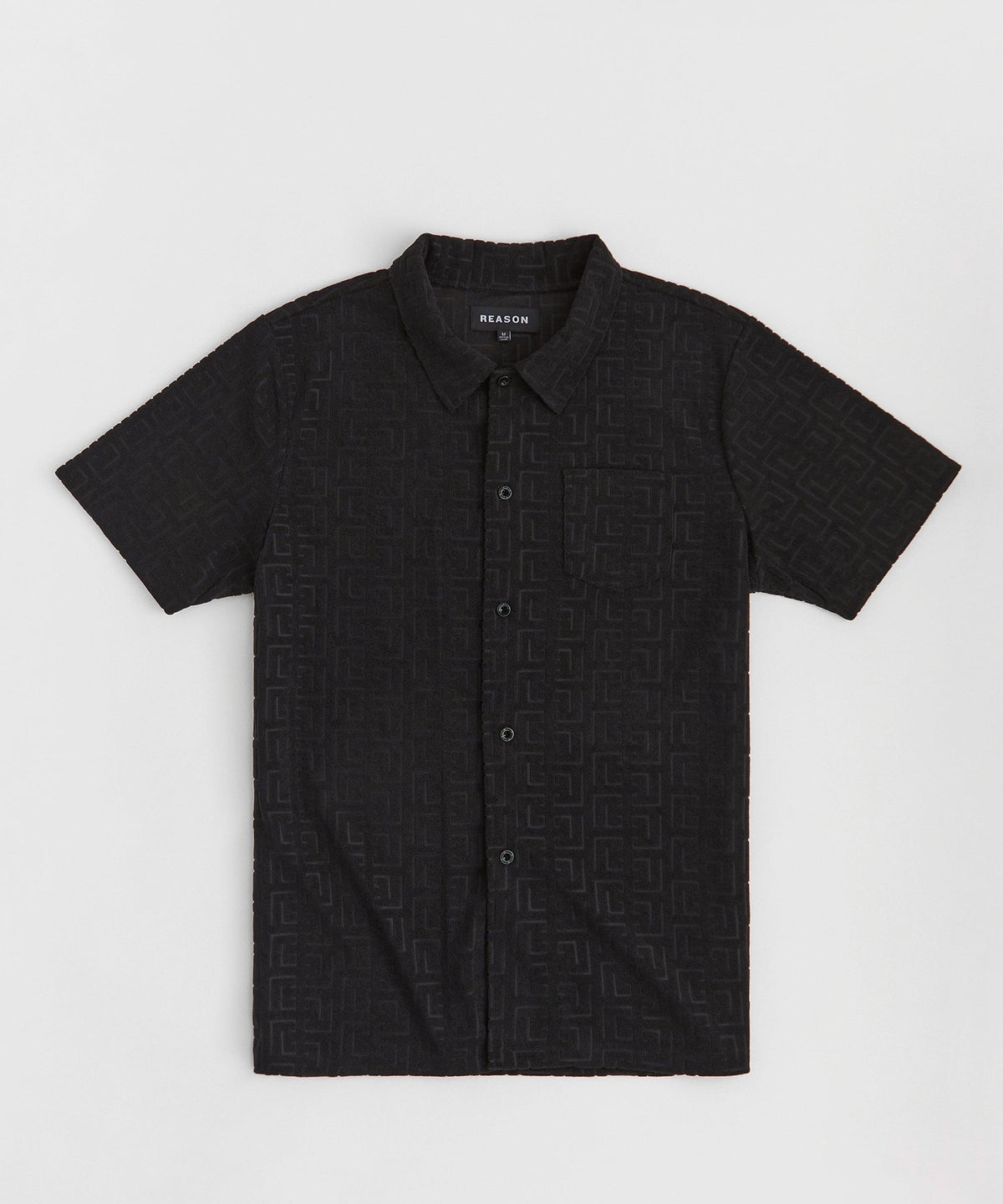 Reason Clothing Discount | Geometric Viscose Button-Down Short Sleeve Shirt - Black