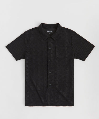 Reason Clothing Discount | Geometric Viscose Button-Down Short Sleeve Shirt - Black