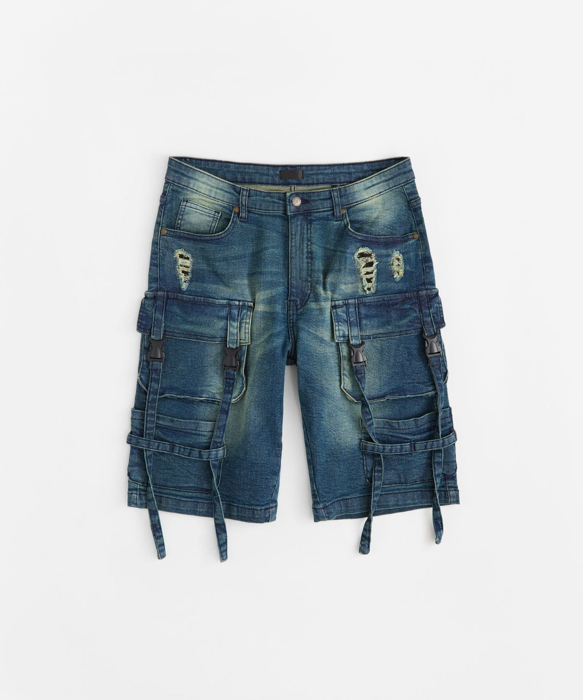 Reason Clothing New | Buckle Strap Denim Shorts - Dark Blue