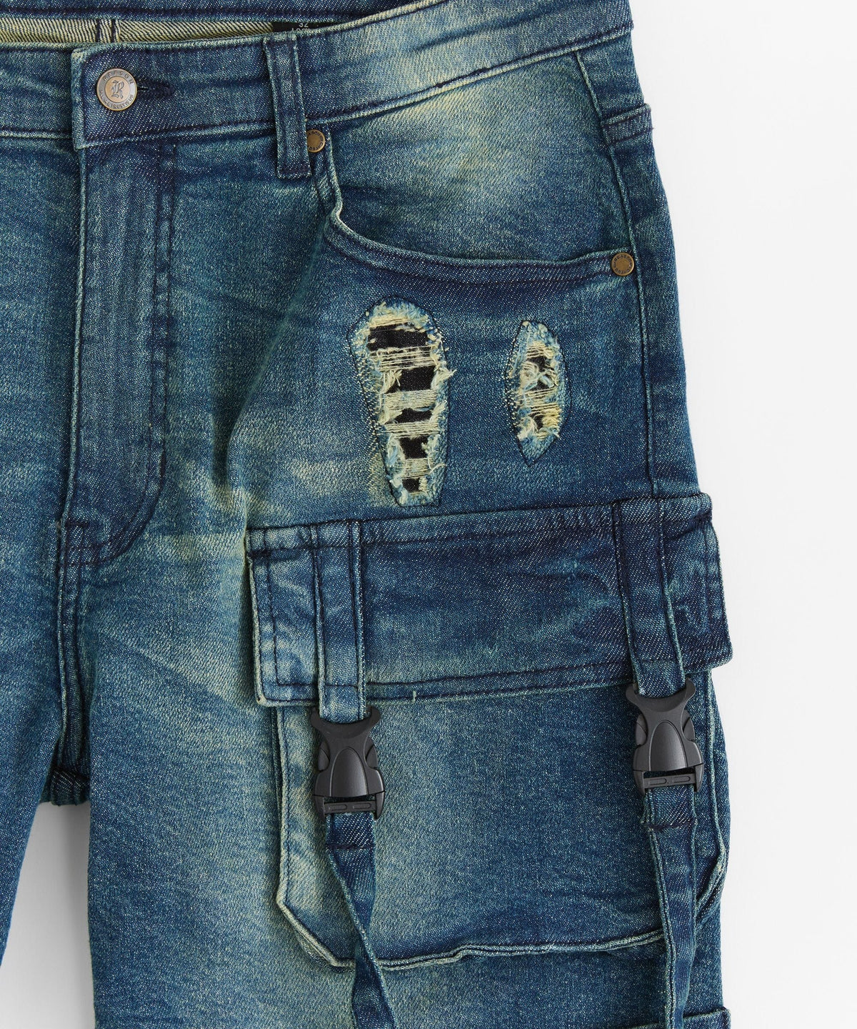 Reason Clothing New | Buckle Strap Denim Shorts - Dark Blue