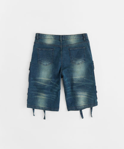 Reason Clothing New | Buckle Strap Denim Shorts - Dark Blue