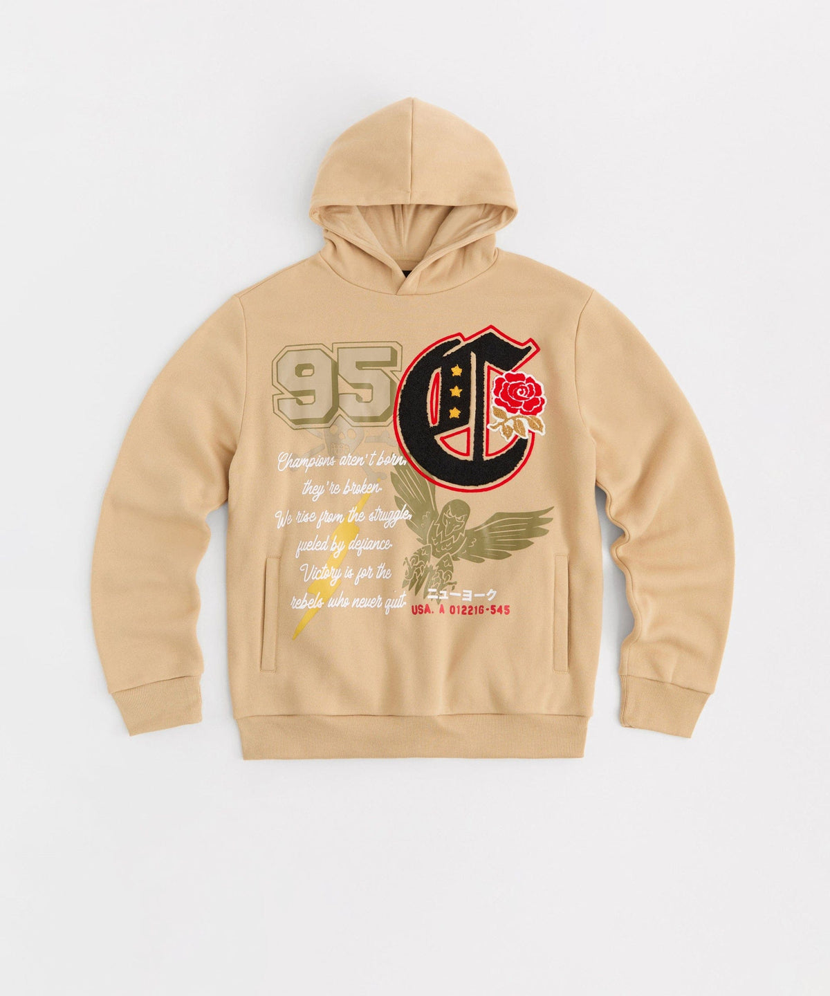 Reason Clothing Hot Sale | Champion Chenille Embroidered Long Sleeve Hoodie - Khaki
