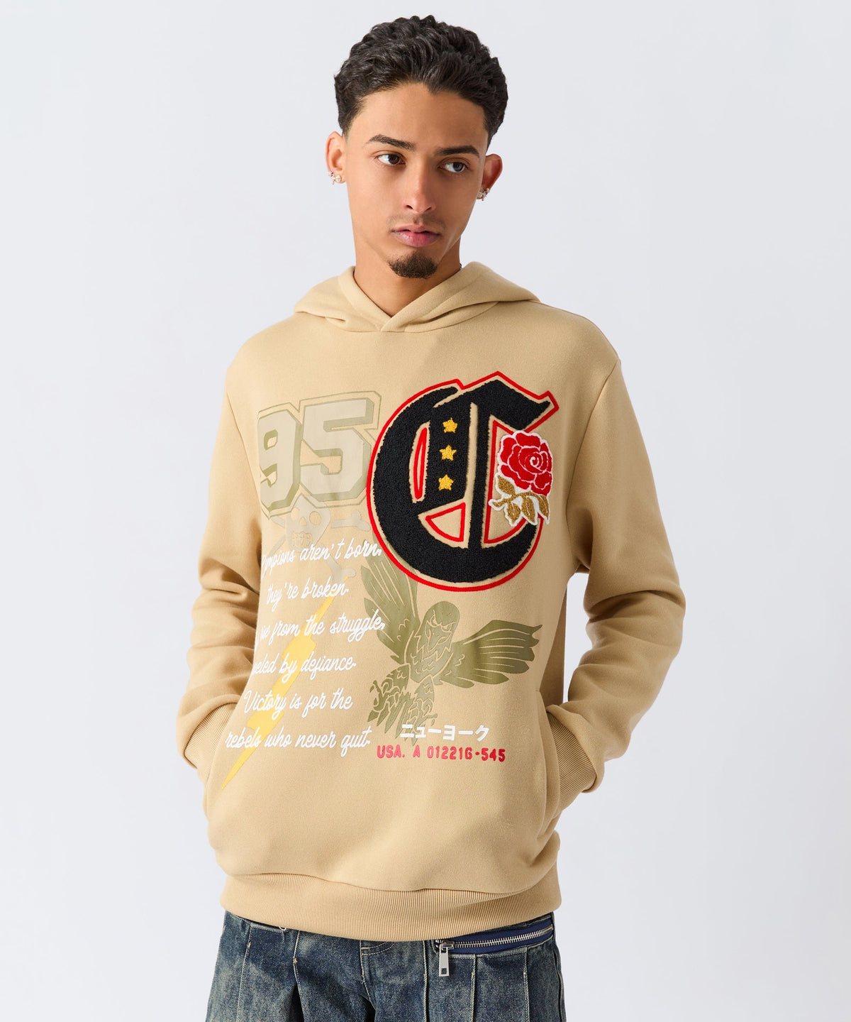 Reason Clothing Hot Sale | Champion Chenille Embroidered Long Sleeve Hoodie - Khaki