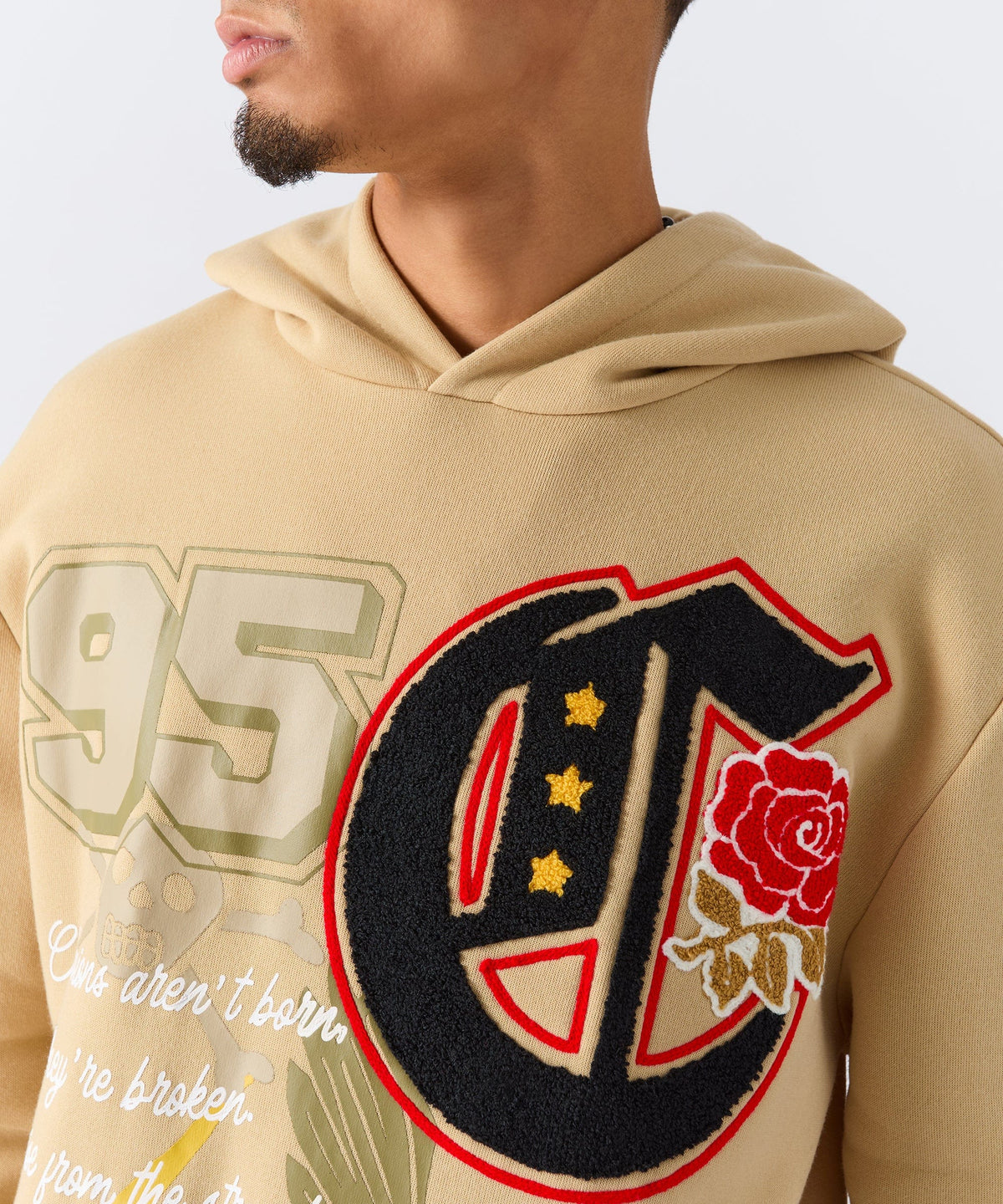 Reason Clothing Hot Sale | Champion Chenille Embroidered Long Sleeve Hoodie - Khaki