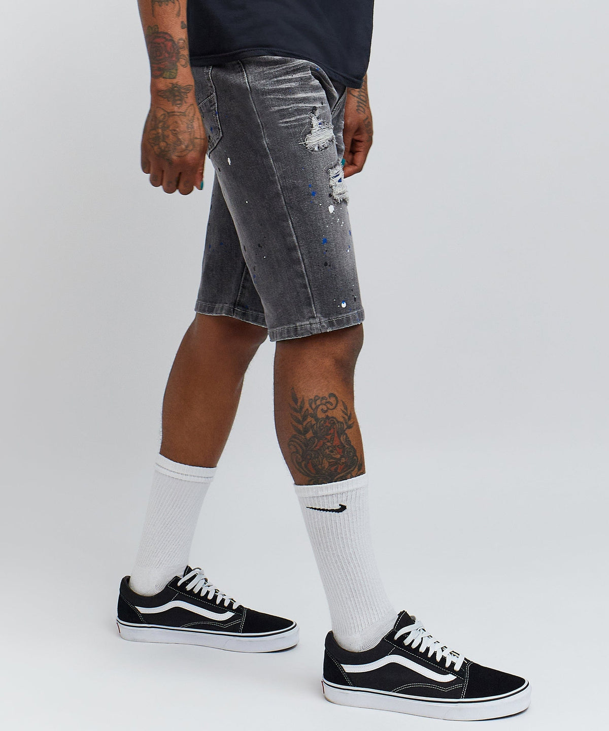 Reason Clothing Featured | Vincent Grey Paint Splatter Jean Shorts