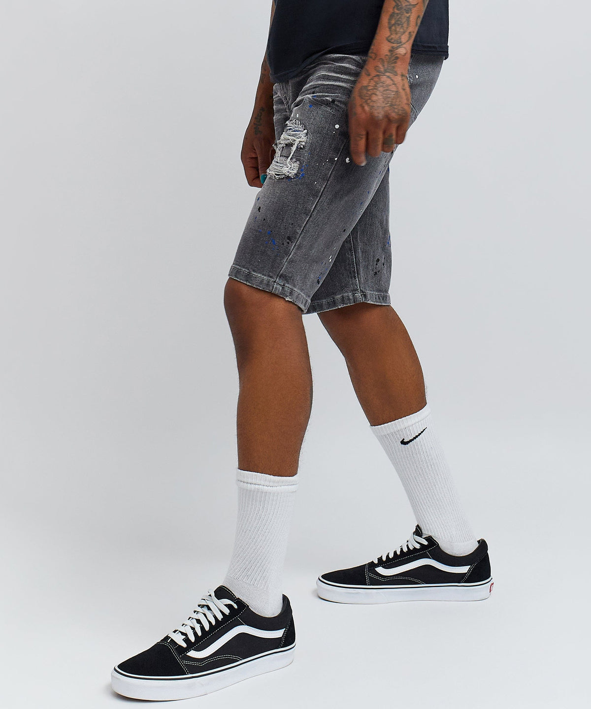 Reason Clothing Featured | Vincent Grey Paint Splatter Jean Shorts