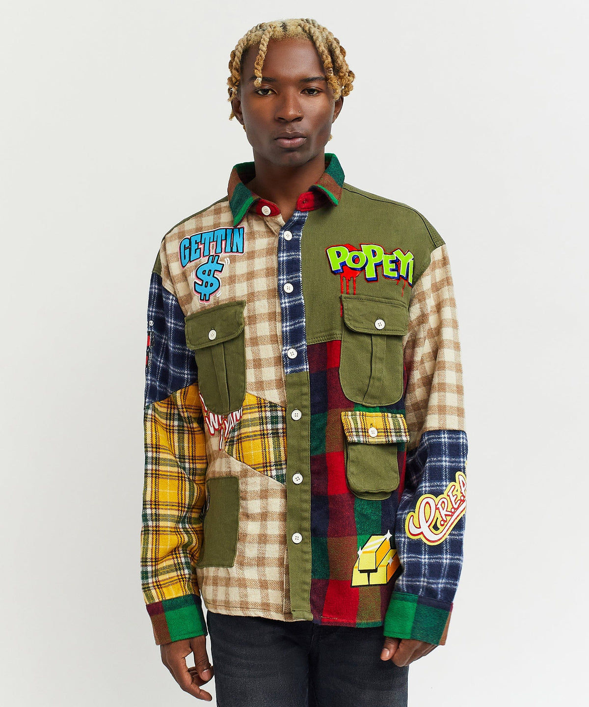 Reason Clothing Signature | Popeye All We Trust Multi Pocket Checkered Flannel Shirt