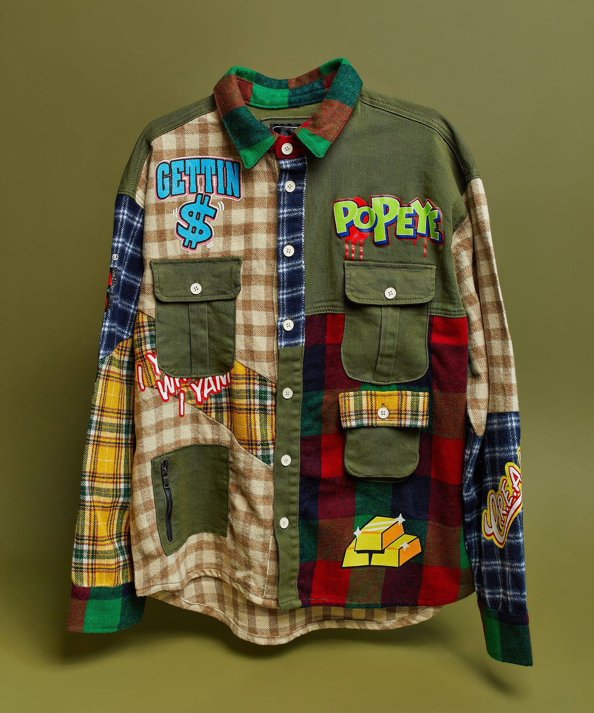 Reason Clothing Signature | Popeye All We Trust Multi Pocket Checkered Flannel Shirt
