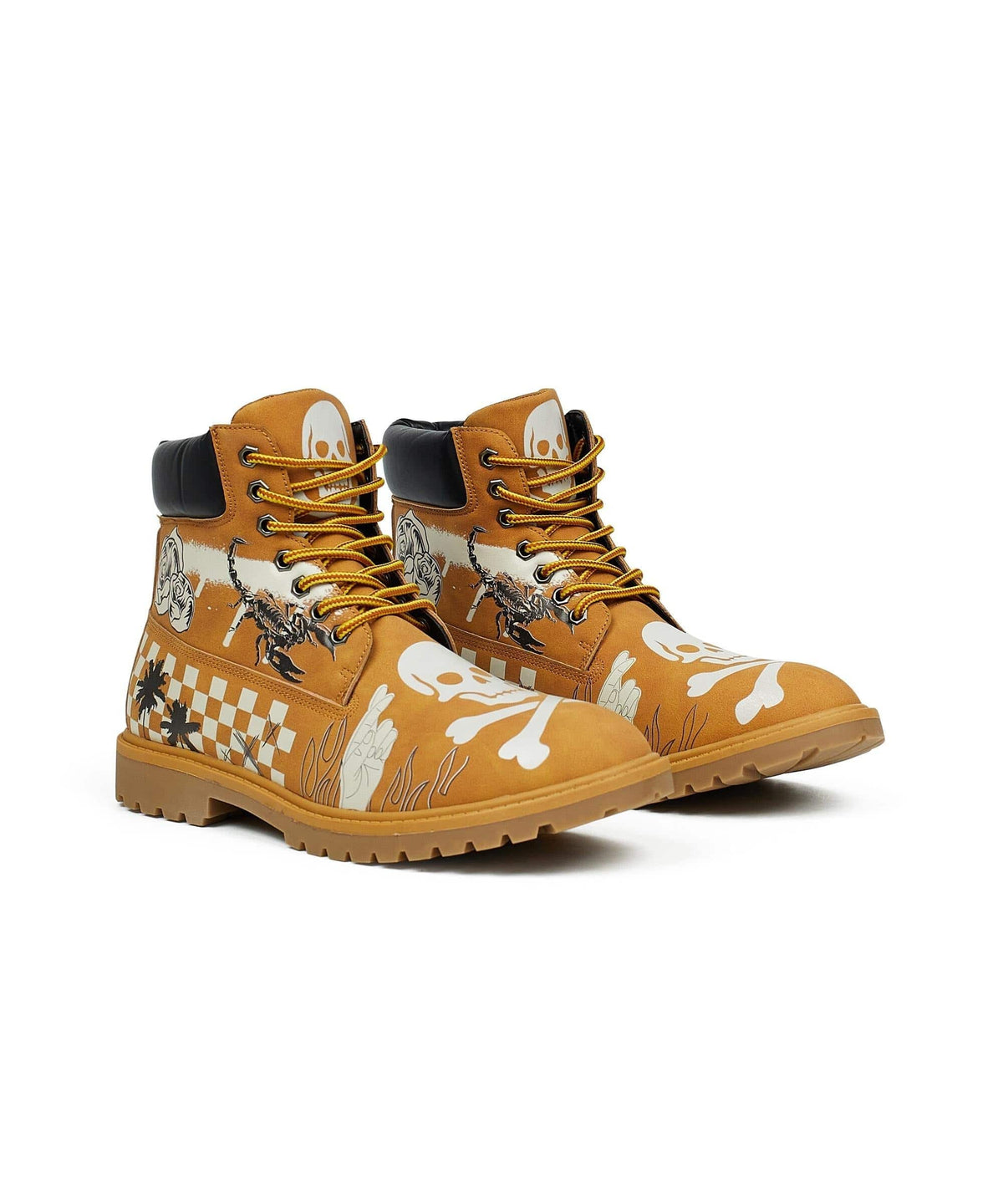 Reason Clothing Premium | Skull Checkered Print Faux Suede Graffiti Boots - Tan