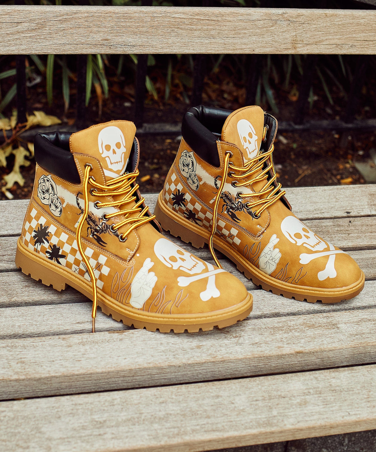 Reason Clothing Premium | Skull Checkered Print Faux Suede Graffiti Boots - Tan