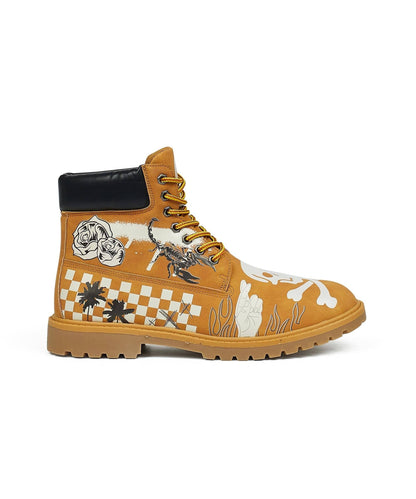 Reason Clothing Premium | Skull Checkered Print Faux Suede Graffiti Boots - Tan