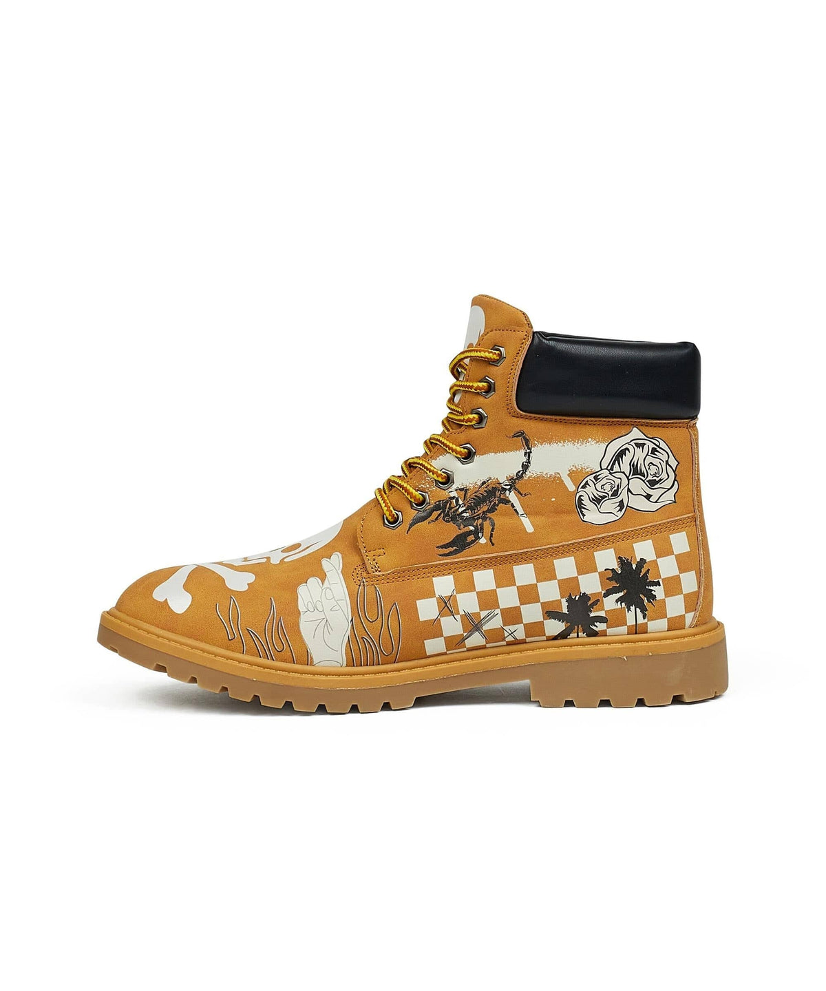 Reason Clothing Premium | Skull Checkered Print Faux Suede Graffiti Boots - Tan