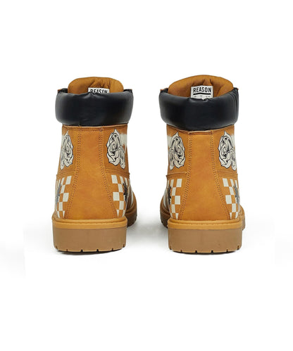 Reason Clothing Premium | Skull Checkered Print Faux Suede Graffiti Boots - Tan